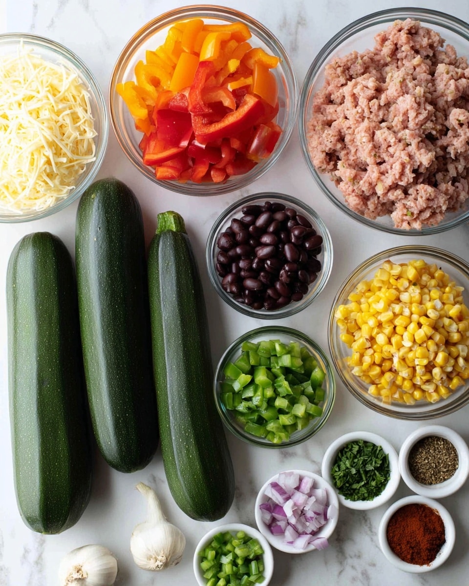 The image shows fresh ingredients neatly arranged on a white marbled surface. At the center, there are four long, dark green zucchinis placed side by side. Surrounding them are clear glass bowls holding colorful chopped vegetables: bright red and orange bell peppers, dark red beans, yellow corn, and finely chopped purple onions. There is a larger glass bowl filled with pale pink ground meat near the top. Smaller glass bowls hold green diced peppers, a mix of spices with brown and reddish tones, a single white garlic clove, and green herbs. A white bowl on the left contains shredded cheese. The colorful ingredients are well-organized, highlighting freshness and variety. photo taken with an iphone --ar 4:5 --v 7