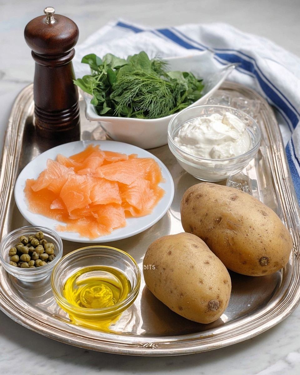 A silver tray on a white marbled surface holds several ingredients placed carefully: two large brown potatoes with rough skin on the right front, a small clear glass bowl filled with green capers at bottom left, and another small clear glass bowl filled with golden yellow oil beside it. In the middle left, there is a white dish filled with thin, translucent slices of light orange smoked salmon. Behind the salmon dish, a white boat-shaped bowl contains fresh green herbs including dill and another leafy green herb. To the right of the herbs, there is a clear round glass bowl filled with thick white cream. In the back left corner of the tray, a dark brown pepper grinder stands tall. A white cloth with blue stripes lies behind the tray. Photo taken with an iphone --ar 4:5 --v 7