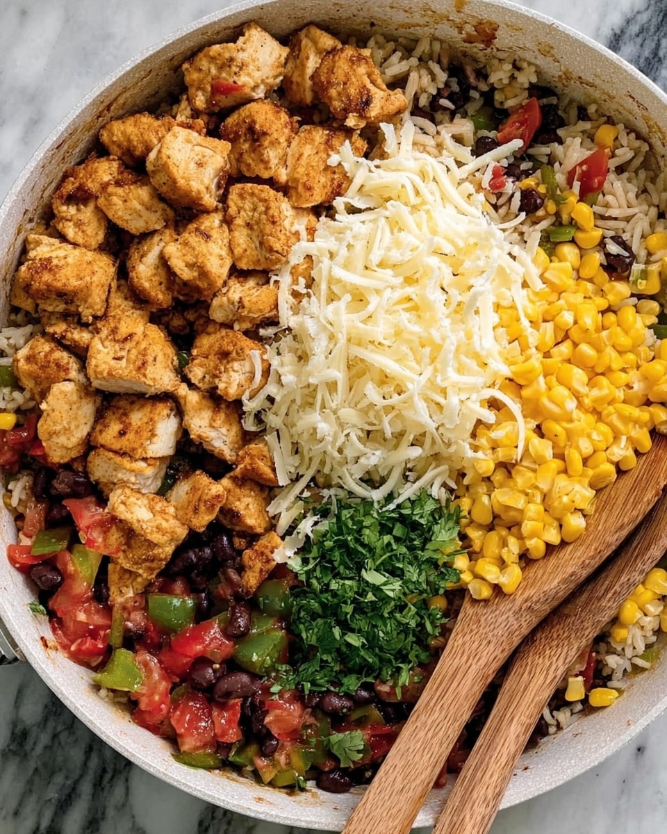 A white bowl filled with cooked rice mixed with small pieces of black beans, diced tomatoes, and green peppers at the bottom, topped with three main sections: cooked golden brown chicken pieces on the left, a pile of shredded white cheese in the middle, and bright yellow corn on the right. A small pile of green cilantro is placed just below the cheese near the rice. Two wooden spatulas rest inside the bowl on the right side. The bowl sits on a white marbled surface. Photo taken with an iphone --ar 4:5 --v 7