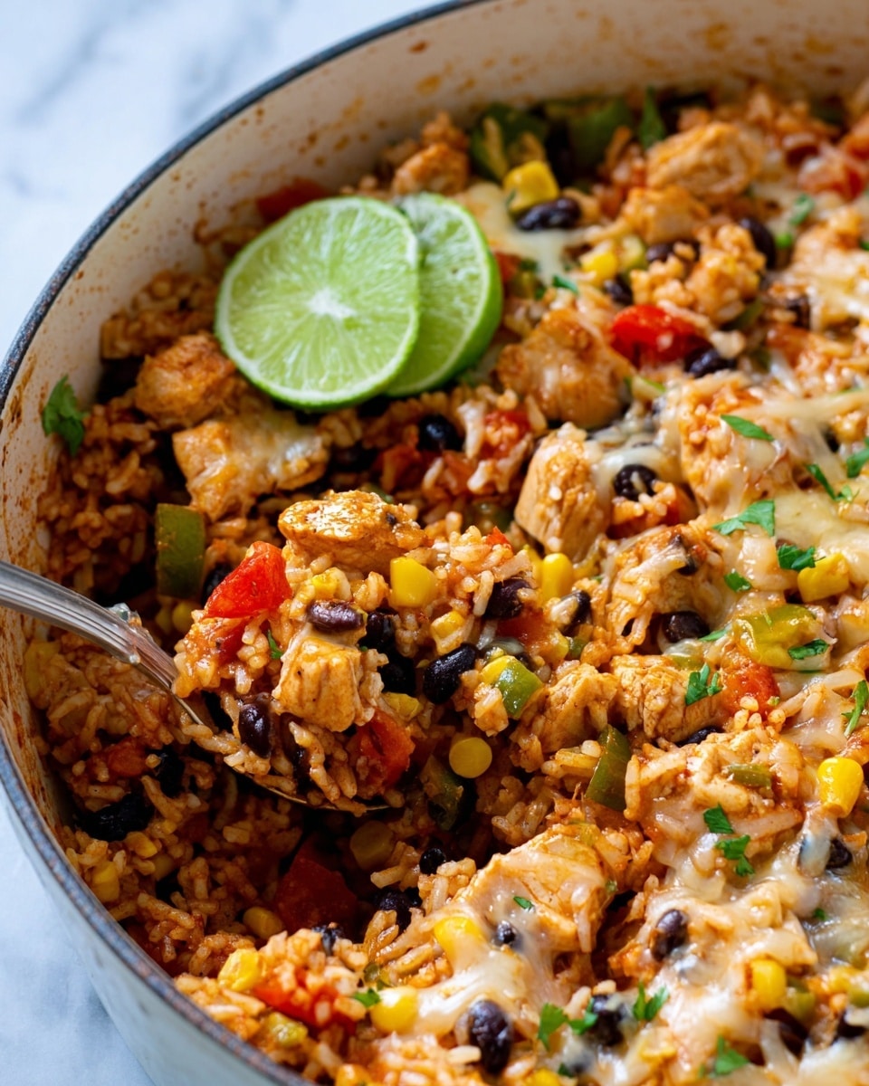 A close-up view of a mixed rice dish in a white deep pan, filled with layers of cooked rice, black beans, yellow corn, red and green bell peppers, diced tomatoes, and chunks of light brown cooked chicken. The rice is mixed with melted cheese that stretches slightly as a spoon scoops a portion. There are slices of bright green lime on top adding a fresh color contrast, while small bits of green herbs sprinkle the dish through the rice mixture. The inside edge of the pan shows some sauce stains, indicating the steaming hot and well-mixed nature of the meal. The background is a white marbled surface. Photo taken with an iphone --ar 4:5 --v 7