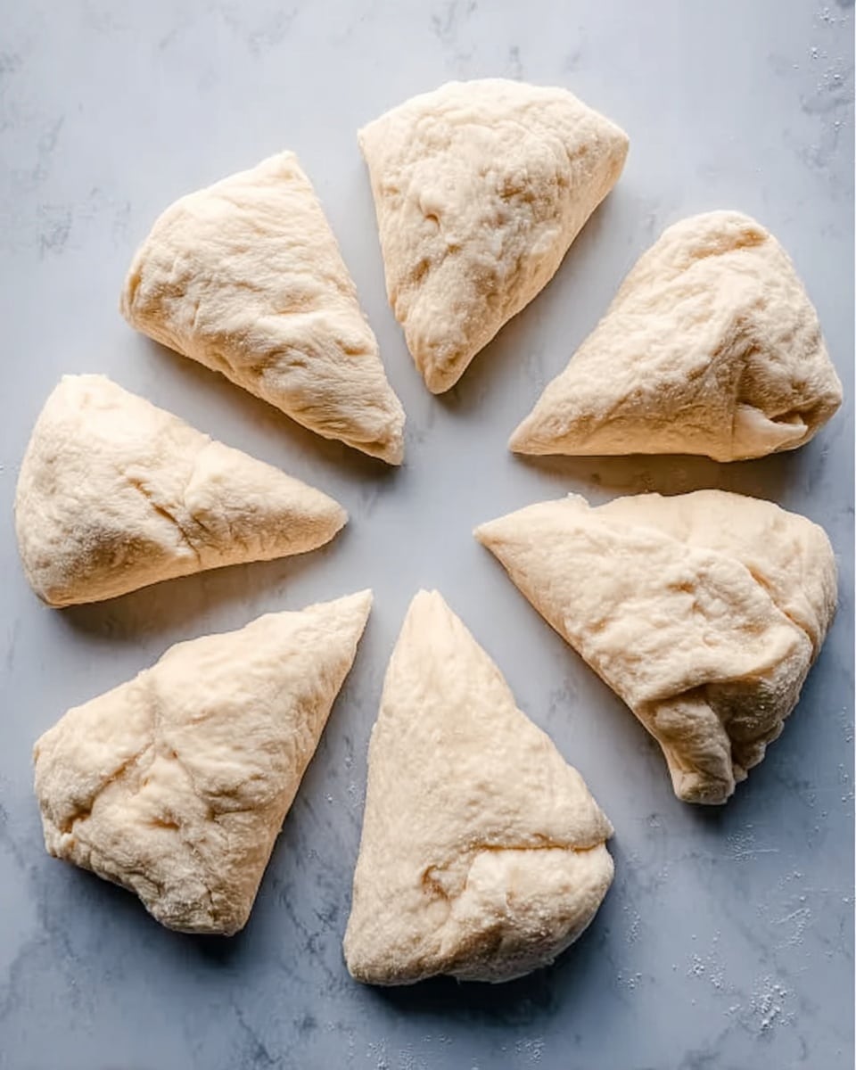 Eight small dough pieces are arranged in a circle on a white marbled surface. Each piece is roughly triangular, with a light beige color and a soft, slightly puffy texture showing bubbles and creases. The dough looks raw and slightly sticky, with uneven shapes and folds. The overall look is simple and homemade, with the dough standing out clearly against the clean background. photo taken with an iphone --ar 4:5 --v 7