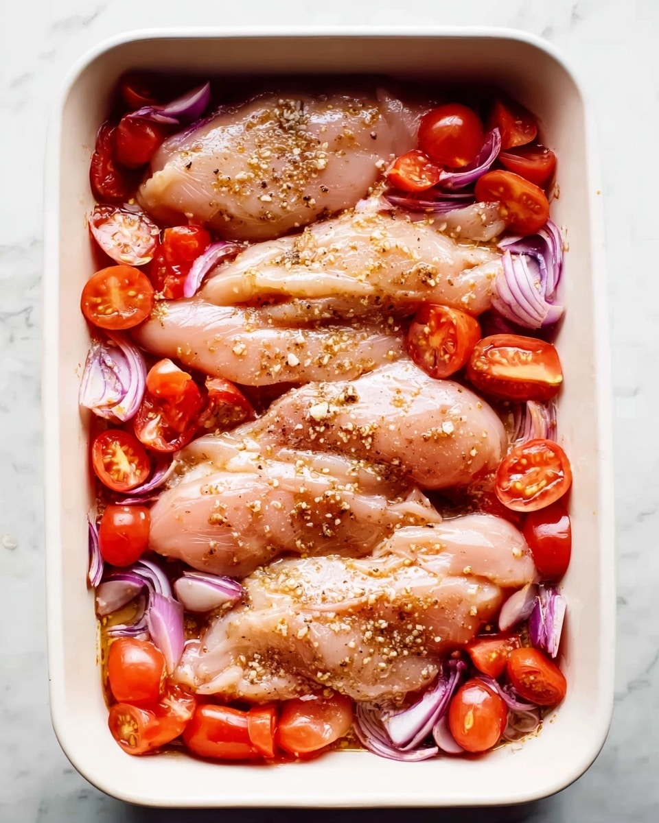 The image shows a white rectangular baking dish filled with four layers of raw chicken fillets laid flat and side by side, each layer pale pink with a glossy texture from marinade. Around the chicken are chunks of bright red tomatoes and slices of purple-red onion, scattered evenly. The chicken and vegetables are topped with a sprinkle of minced garlic and black pepper, adding texture. The dish sits on a white marbled surface, with light reflecting softly on the ingredients. Photo taken with an iphone --ar 4:5 --v 7