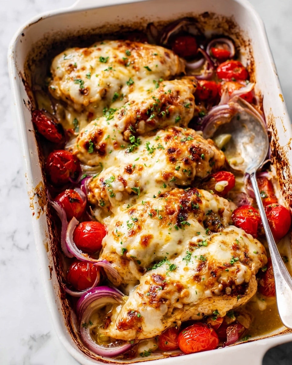A white baking dish filled with four pieces of baked chicken covered in melted cheese that has a slightly golden brown top with small green herb sprinkles; below the chicken, there is a layer of cooked red cherry tomatoes and thin red onion slices, both slightly soft and mixed in juices; the edges of the dish show browned spots from baking; the background surface is white marbled texture; a silver fork rests inside the dish. photo taken with an iphone --ar 4:5 --v 7
