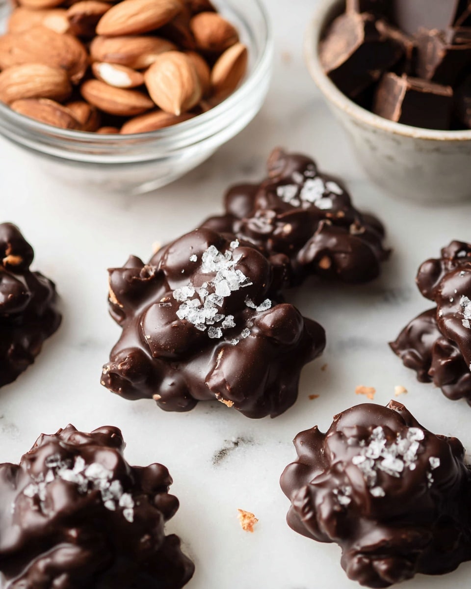 The image shows several small clusters of dark chocolate covered nuts placed on a white marbled surface. Each cluster has a rough, bumpy texture where the nuts form the base layer, coated with a thick, glossy layer of dark chocolate that is a deep brown color. On top of the chocolate layer, there are scattered flakes of white sea salt, adding contrast and texture. In the upper corner of the image, there is a clear glass bowl filled with raw almonds, and another bowl with chunks of dark chocolate. The scene has soft, natural lighting that highlights the shine on the chocolate and the texture of the salt. photo taken with an iphone --ar 4:5 --v 7