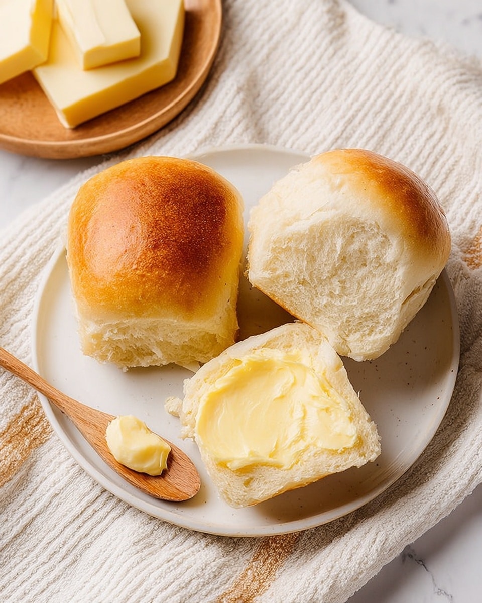 The image shows two soft bread rolls on a white plate with a textured surface on a white marbled background. One roll is whole with a golden-brown top, while the other is split open to reveal its fluffy light interior. The front piece of the split roll has a smooth, thick layer of pale yellow butter spread on it. Next to the plate, there is a small wooden spoon with more soft butter on its tip. A wooden plate with butter cubes is visible in the upper left corner, and a white cloth with beige stripes is partly shown beneath the plate. Photo taken with an iphone --ar 4:5 --v 7