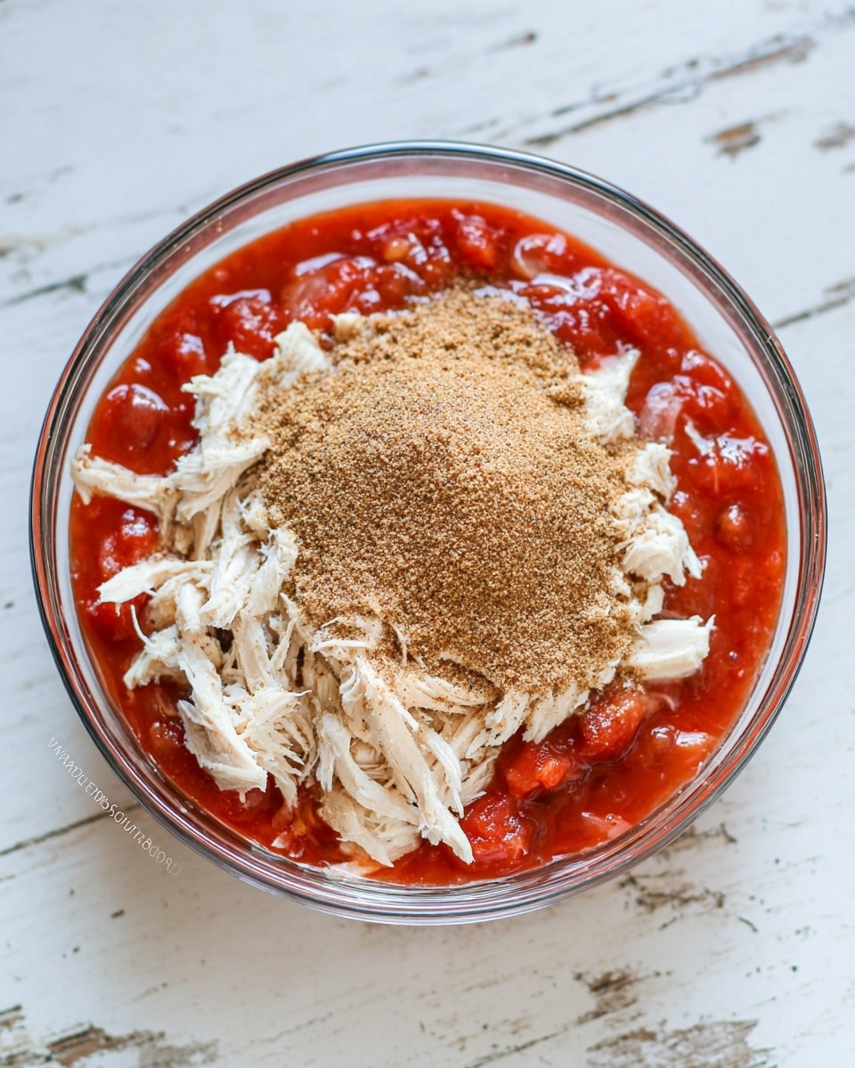 A clear glass bowl sits on a white marbled surface, filled with three distinct layers. The bottom layer is a chunky, bright red tomato sauce with pieces of tomato visible. On top of the sauce, there is a mound of finely ground brown spice mix in the center. Around the spice mix, there are pieces of white shredded chicken spread evenly, showing a soft and fibrous texture. The colors contrast well, with bright red sauce, light brown spice, and white chicken all clearly visible. photo taken with an iphone --ar 4:5 --v 7