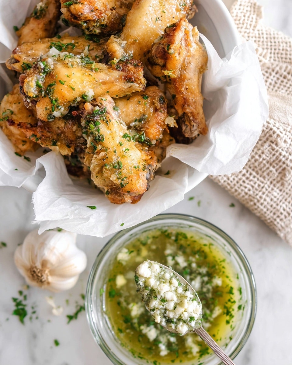 A close-up image of a pile of golden, crispy chicken wings with green herb bits on them, placed inside white parchment paper on a white plate in the upper left corner. To the bottom right, a small clear glass bowl filled with light green sauce, chopped herbs, and crumbled white cheese, with a silver spoon scooping some of the sauce. A whole garlic bulb sits next to the bowl. A woman's hand is holding the spoon. The background is a white marbled surface with a textured cloth to the top right. Photo taken with an iphone --ar 4:5 --v 7