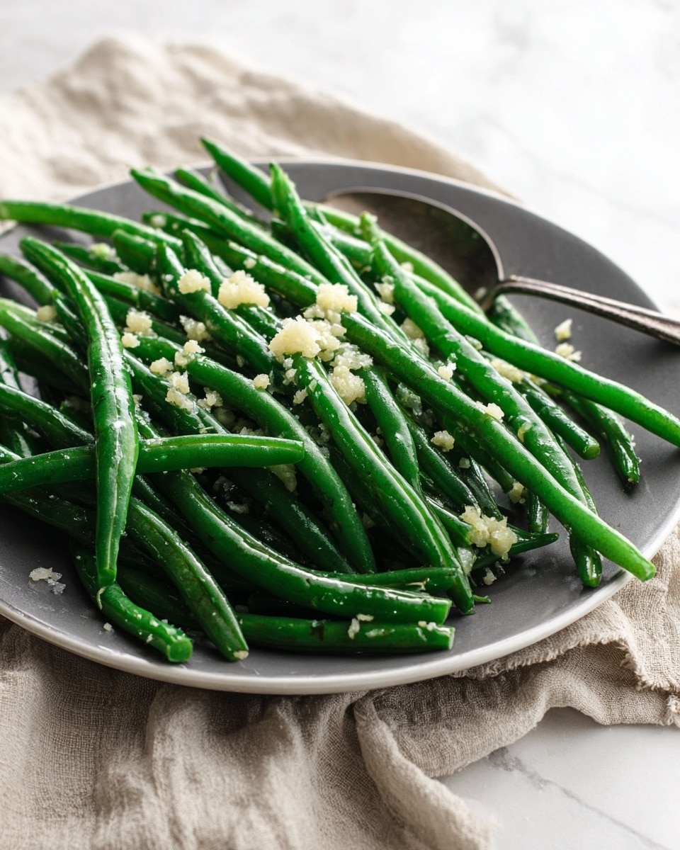 A close-up view of fresh green beans served on a white plate, with a light layer of minced garlic scattered evenly across the top. The green beans are shiny and vibrant, showing a smooth texture with slight curves and natural tapering. The plate sits on a soft beige cloth with a wrinkled texture, placed on a white marbled surface. In the background on the right side, a metal spoon is partly visible, adding a subtle metallic shine to the scene. photo taken with an iphone --ar 4:5 --v 7