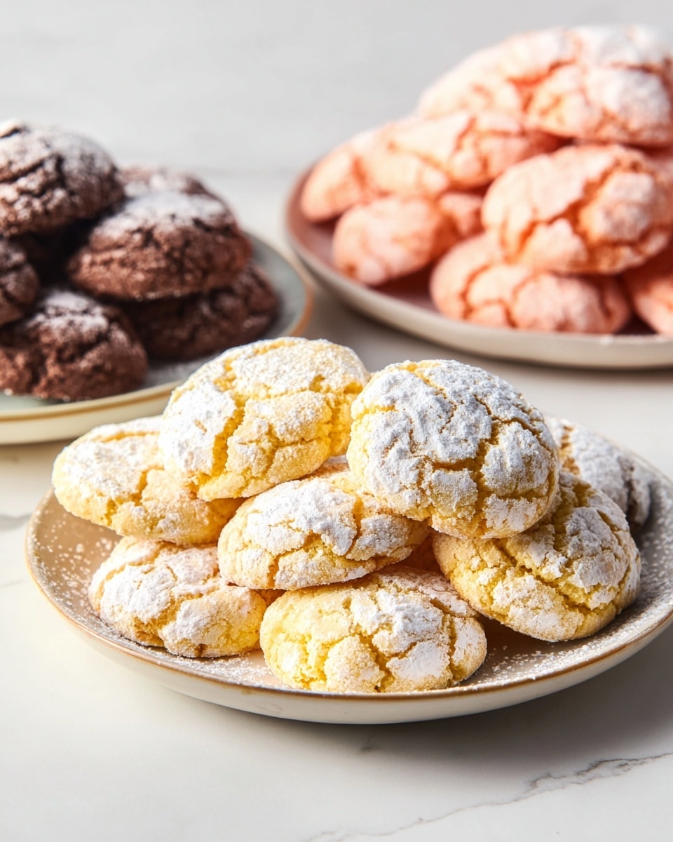 A close-up view of three plates stacked with soft cookies dusted in white powdered sugar, placed on a white marbled surface; the front plate holds pale yellow cookies with cracked tops and powdery texture, behind it on the left is a plate of dark brown cookies with the same powdered cracked texture, and to the right in the background is a plate of orange-pink cookies also dusted with powdered sugar, all arranged casually in a piled way, photo taken with an iphone --ar 4:5 --v 7