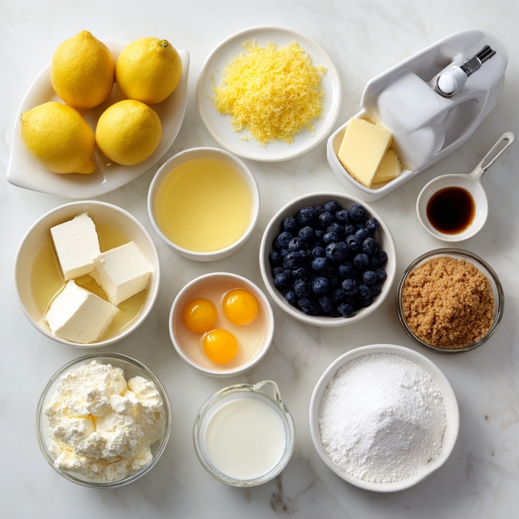 The image shows an arrangement of various ingredients on a white marbled surface. Starting from the top left, there are several bright yellow whole and halved lemons, including one placed on a white juicer. Below, a small white plate holds yellow lemon zest. To the right, a white bowl filled with melted yellow butter and next to it, a measuring cup with a tan crumbly texture likely crumbs or graham crackers. Below, several white bowls are shown: one with light yellow lemon juice, another with four raw eggs with clear yellow yolks, and another with white sugar. A brown bowl holds fresh dark blue blueberries. To the bottom center, a large clear bowl contains white cream cheese blocks, and next to it, a glass measuring cup filled with white thick cream. A small white bowl contains a dark brown liquid, likely vanilla, and next to it is a wider shallow bowl with white flour. All items are neatly laid out in a flat lay style. Photo taken with an iphone --ar 4:5 --v 7