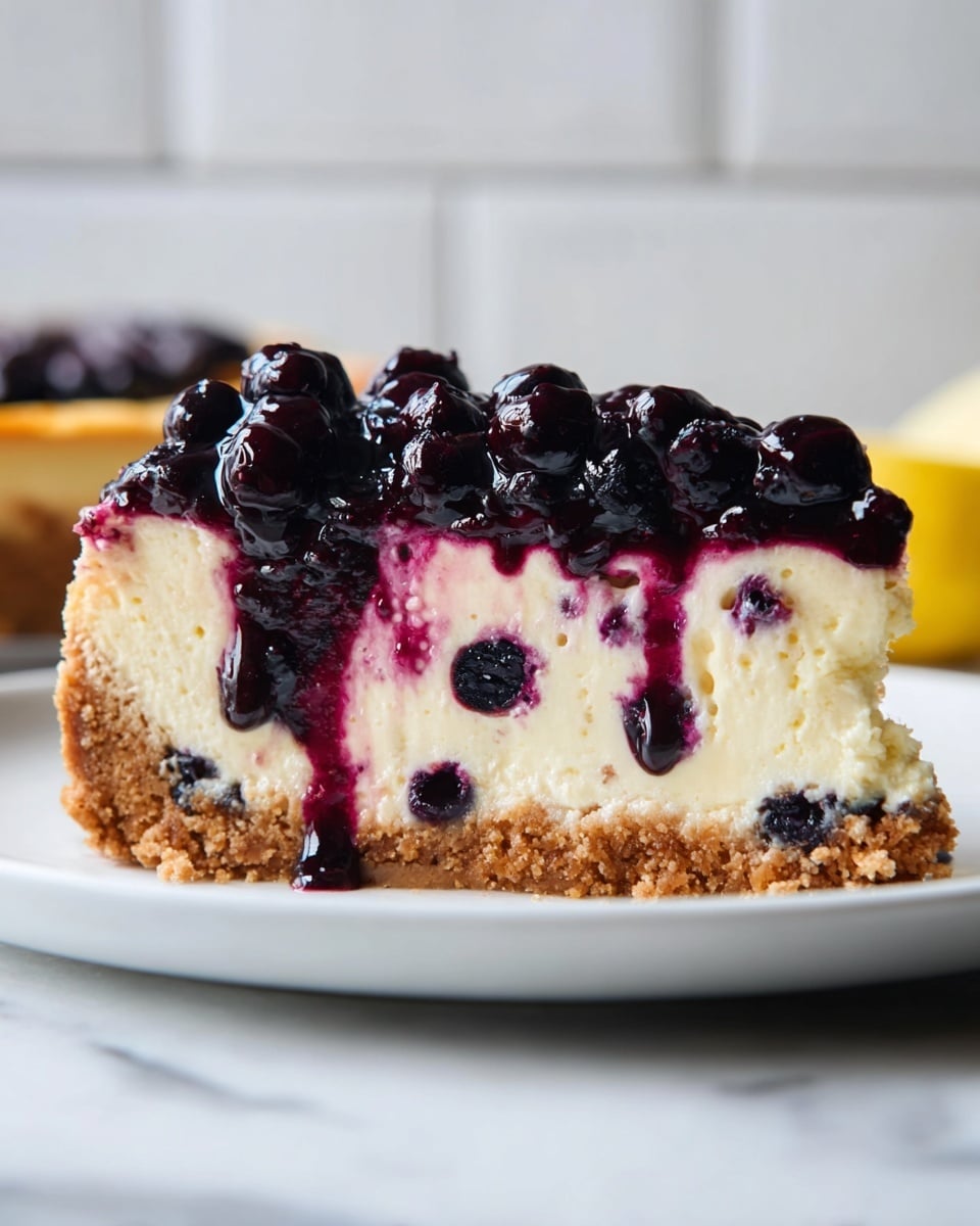 The image shows a cheesecake slice with three clear layers on a white plate placed on a white marbled surface. The bottom layer is a crumbly, light brown crust, thick and firm. The middle layer is thick, creamy, and pale yellow with embedded dark purple blueberries. The top layer is a glossy dark purple blueberry topping that is thick and shiny, with whole blueberries and some syrup dripping slightly down the sides of the cheesecake. The background is softly blurred with a white tiled wall. Photo taken with an iphone --ar 4:5 --v 7