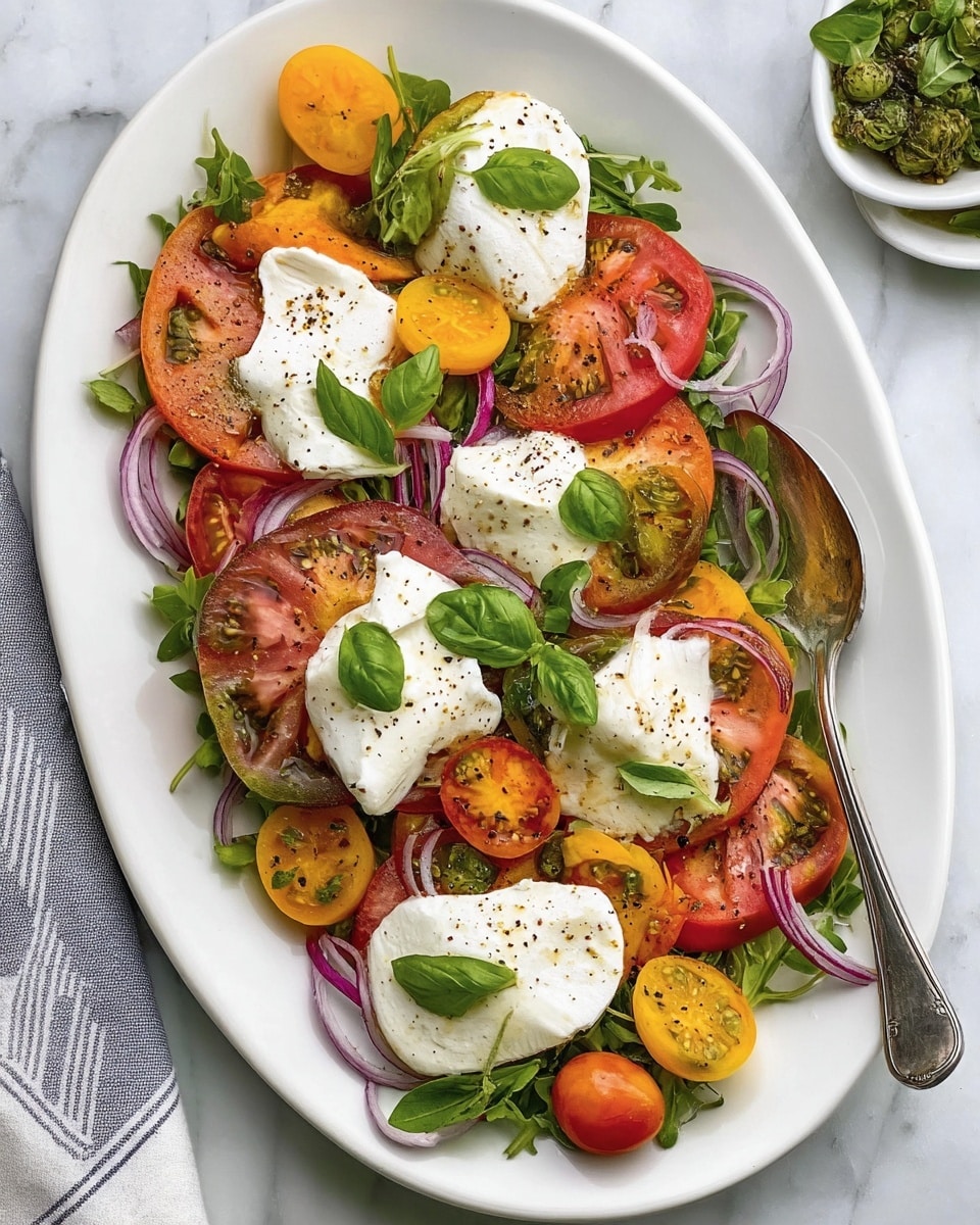 The dish shows a white oval plate on a white marbled surface filled with layers of fresh arugula leaves at the bottom, topped with thick slices of red and yellow heirloom tomatoes, some sliced cherry tomatoes in red and yellow, and thin slices of red onion scattered around. On top, there are several large dollops of soft, white cheese sprinkled with black pepper, and fresh green basil leaves placed evenly on the cheese and tomatoes. A silver fork rests on the right side of the plate. Photo taken with an iphone --ar 4:5 --v 7
