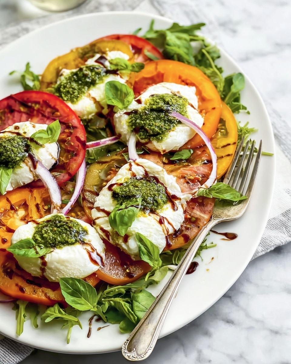The dish shows a white plate on a white marbled texture surface, layered with green arugula leaves at the bottom. On top, there are various slices of red, orange, and yellow tomatoes spread evenly. Over the tomatoes, there are several large dollops of white soft cheese, each topped with a small spoon of green pesto and drizzled with dark balsamic glaze. Thin slices of light purple onion and fresh, whole green basil leaves are placed around the cheese and tomatoes, adding color contrast. A silver fork rests on the edge of the plate beside the food. Photo taken with an iphone --ar 4:5 --v 7