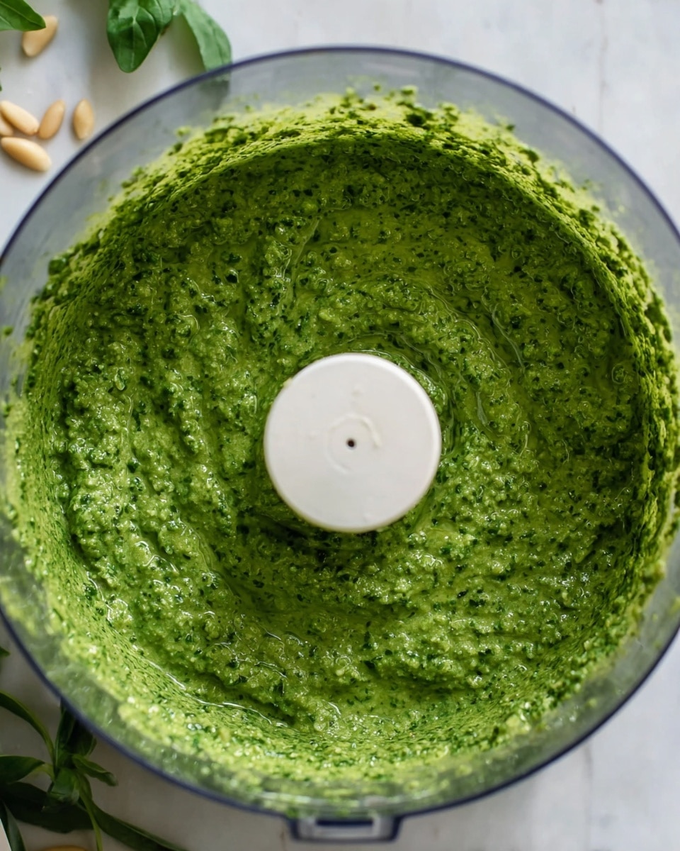 A close-up top view of bright green pesto sauce inside a clear food processor bowl, with a smooth yet slightly chunky texture, small bits of herbs visible throughout, and the white food processor blade attachment in the center surrounded by the vibrant green sauce. The scene has a white marbled surface with a few scattered pine nuts and green basil leaves peeking in from the side. photo taken with an iphone --ar 4:5 --v 7
