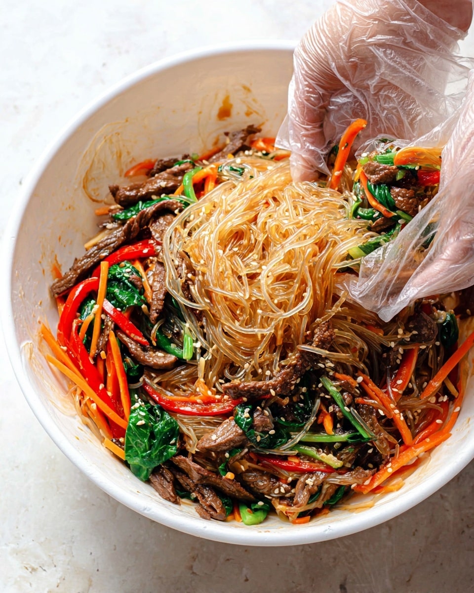 A white bowl filled with a colorful mix of stir-fried glass noodles as the base layer, light and shiny with a slight translucence, topped with bright orange thin carrot strips and green leafy vegetables adding fresh, soft textures. Scattered among the noodles are thin, dark brown strips of cooked beef with a slightly crispy texture, sprinkled with light-colored sesame seeds. Red bell pepper strips provide a bright pop of color around the edges. A woman's hand wearing a clear plastic glove is shown mixing the ingredients inside the bowl, all resting on a white marbled surface. photo taken with an iphone --ar 4:5 --v 7