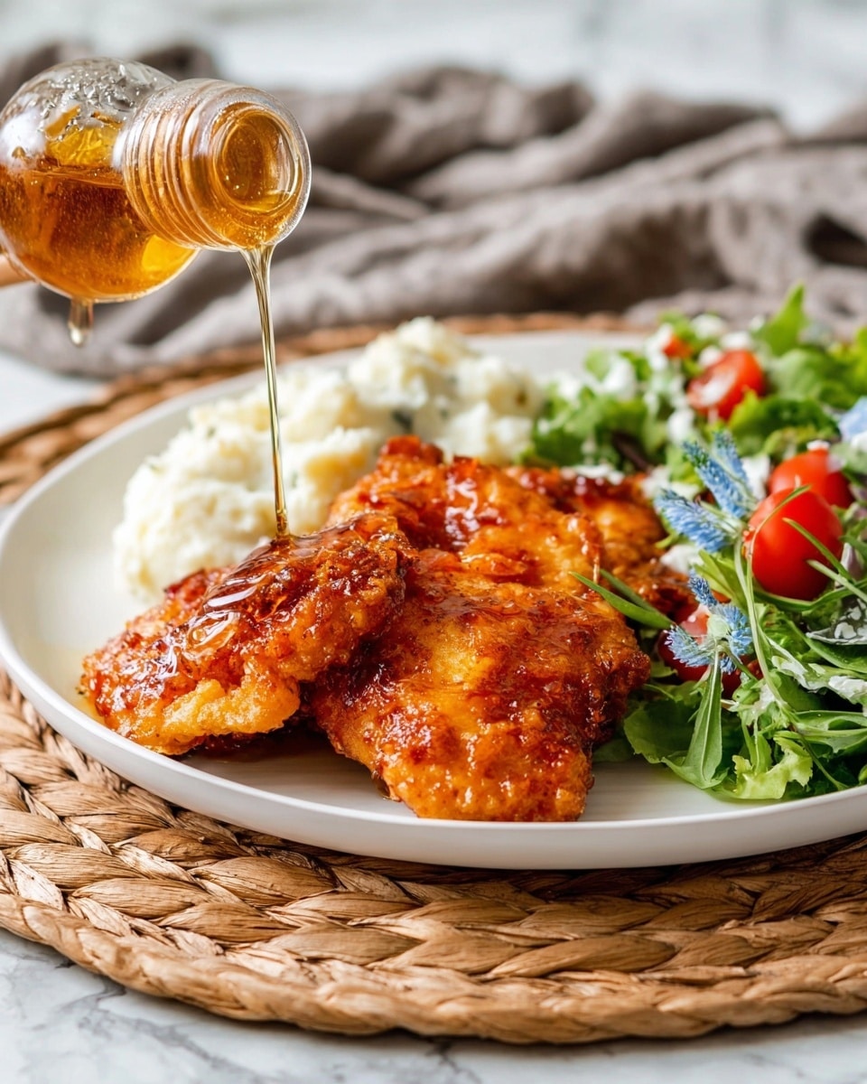 A white plate holds three main parts: at the front, a large piece of golden brown crispy fried chicken with a warm tone is being covered with sticky golden honey dripping from a glass honey dipper held above it; behind the chicken, there is a white creamy mashed potato with small bits scattered inside, and to the right side of the plate, a fresh salad made of mixed leafy greens, bright red cherry tomatoes, and thin green stems. The plate is placed on a woven natural brown mat, and the background shows a soft white marbled texture with a gray cloth slightly wrinkled behind the plate. Photo taken with an iphone --ar 4:5 --v 7