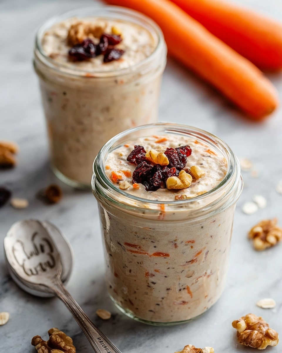 A close-up view of a glass jar filled with creamy oatmeal mixed with raisins and small pieces of nuts, showing a thick, textured layer with visible chunks of golden walnuts and dark, wrinkled raisins on top. A vintage spoon engraved with the word