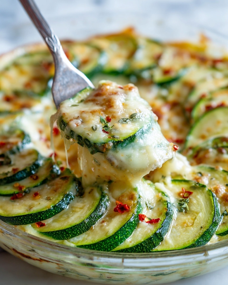 The image shows a clear round baking dish filled with a layered zucchini bake on a white marbled surface. The dish has multiple thin layers of green zucchini slices arranged vertically at the edge, each slice showing a smooth, shiny texture with green skin and pale inside. Over these slices is a thick layer of melted white and light golden cheese, which looks creamy and slightly browned on top, sprinkled with small red chili flakes and some herbs. A silver fork held by a woman's hand is lifting a portion of the cheesy zucchini bake, showing the stretchy melted cheese and the soft cooked zucchini beneath. The focus is on the fork and the lifted portion with a blurred background of more cheesy zucchini bake. Photo taken with an iphone --ar 4:5 --v 7