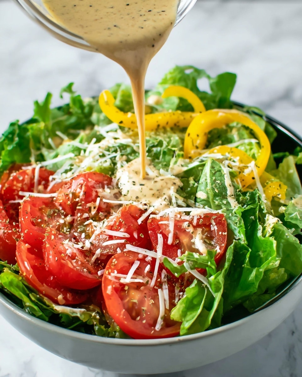 A white bowl holding a fresh salad with four main layers: the bottom layer is green leafy lettuce with a soft texture, layered with round, bright red tomato slices, topped by thin, curly yellow pepper rings, and sprinkled with white shredded cheese scattered across. A creamy light brown dressing with herbs is being poured from above, creating a smooth stream that lands on the salad. The whole scene is set on a white marbled surface. photo taken with an iphone --ar 4:5 --v 7