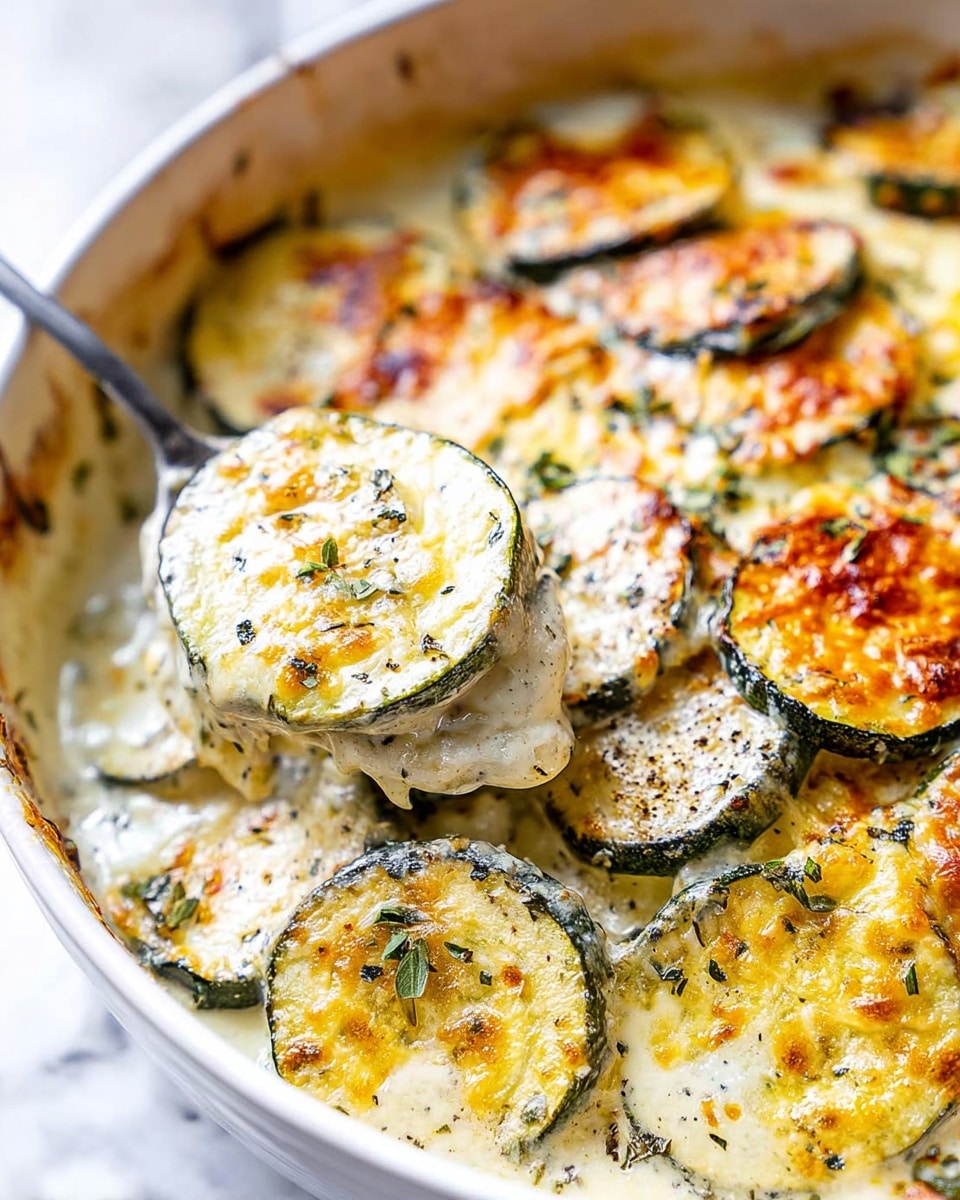 The image shows many round slices of zucchini layered thickly and covered with a creamy sauce. The top layer has melted cheese browned to golden with herbs sprinkled all over. The zucchini skin is dark green, while the inside is light yellow to white. The dish is in a white bowl, and the background is a white marbled surface. A spoon is scooping some of the zucchini slices in a creamy mix. photo taken with an iphone --ar 4:5 --v 7