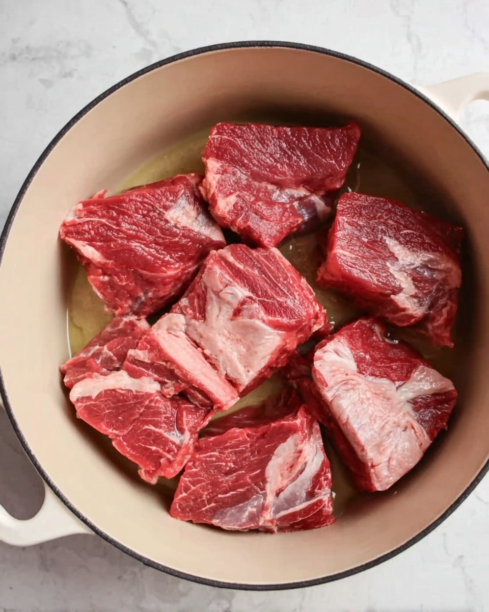 Inside a cream-colored pot, there are seven pieces of raw red meat with white fat layers, spaced apart and lying flat covering the base. The meat shows marbled texture with some glossy wet spots. The pot's interior edges have a thin dark rim, and the inside surface is smooth. The background around the pot is a white marbled texture. photo taken with an iphone --ar 4:5 --v 7
