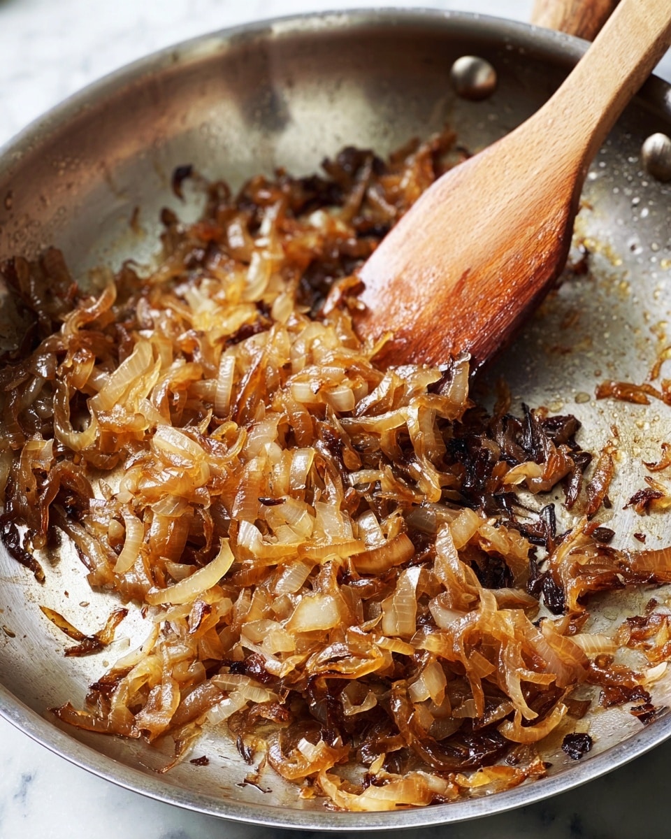 A close-up view of caramelized onions in a shiny metal frying pan, showing one layer of soft, golden-brown, and darker browned onion pieces mixed together with a glossy texture. A wooden spatula with a rounded end is resting inside the pan, partially covered with onions, slightly angled towards the top right. The pan surface shows some browned bits and caramelized residue, adding contrast to the onions. The whole scene is set on a white marbled texture. photo taken with an iphone --ar 4:5 --v 7