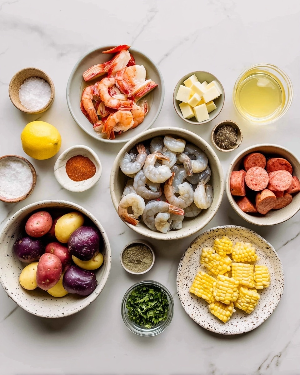 A white marbled surface with several bowls and small dishes arranged neatly, containing raw shrimp with tails on in a medium bowl at the center, cut sausage pieces in a medium bowl to the right, and yellow corn cut into chunks on a white speckled plate at the bottom right. At the bottom left, there is a white speckled bowl filled with small red, yellow, and purple potatoes. Around the main bowls are small dishes with chopped green herbs, minced garlic, a whole lemon, and various ground spices in shades of red and brown. There are also two small dishes with salt and butter cubes, and a small glass bowl with a light yellow liquid. Everything is placed on a clean white marbled surface. photo taken with an iphone --ar 4:5 --v 7