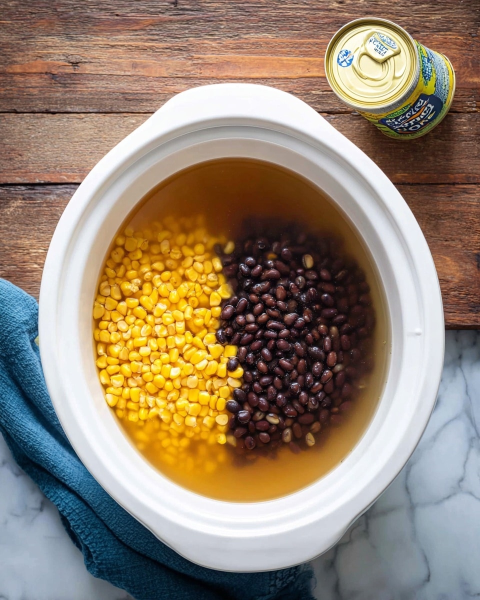Inside a white slow cooker, there is a layer of clear golden broth filling most of the pot. On top of the broth, two layers of beans are clearly seen: a top layer of bright yellow corn kernels and below it, a layer of shiny dark black beans. Next to the slow cooker, on a rustic wooden surface, there is a can of crisp and sweet whole kernel corn lying on its side and a folded blue cloth. The overall setting is on a white marbled surface. Photo taken with an iphone --ar 4:5 --v 7