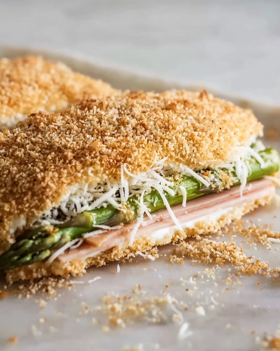 The dish shows a close-up of a layered food item on a white marbled surface. The bottom layer is green asparagus spears laid horizontally. Above the asparagus, there is a layer of thinly sliced light pink deli meat. Next, a layer of shredded white cheese is visible, slightly spilling out. The top layer is a thick coating of golden brown breadcrumbs covering the entire item. Some breadcrumbs are scattered around the base on the white marbled surface. The overall texture looks crunchy on top with soft layers inside. Photo taken with an iphone --ar 4:5 --v 7