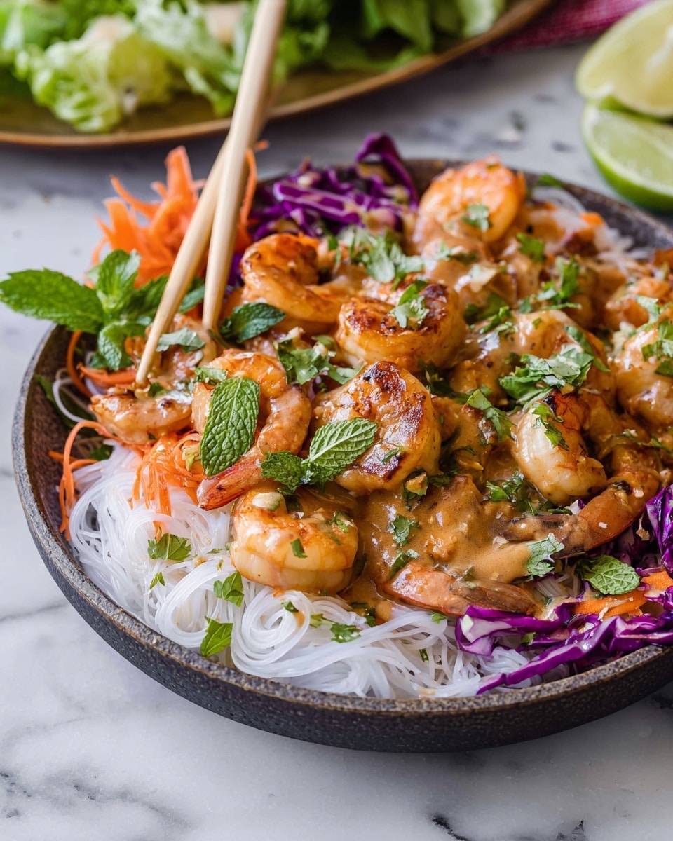 A bowl filled with a colorful shrimp salad is shown on a white marbled surface. At the bottom, delicate thin white noodles form the first layer. On top of them are plump orange shrimp with a light char, covered in a creamy brown sauce. Bright orange carrot ribbons and purple cabbage pieces add color around the shrimp. Fresh green herbs like mint and cilantro are scattered across the dish, adding a fresh touch. In the background, there is a blurred plate of leafy greens and lime wedges. A pair of wooden chopsticks is placed on the left side, picking up some of the noodles with a woman's hand just touching the chopsticks' end. photo taken with an iphone --ar 4:5 --v 7