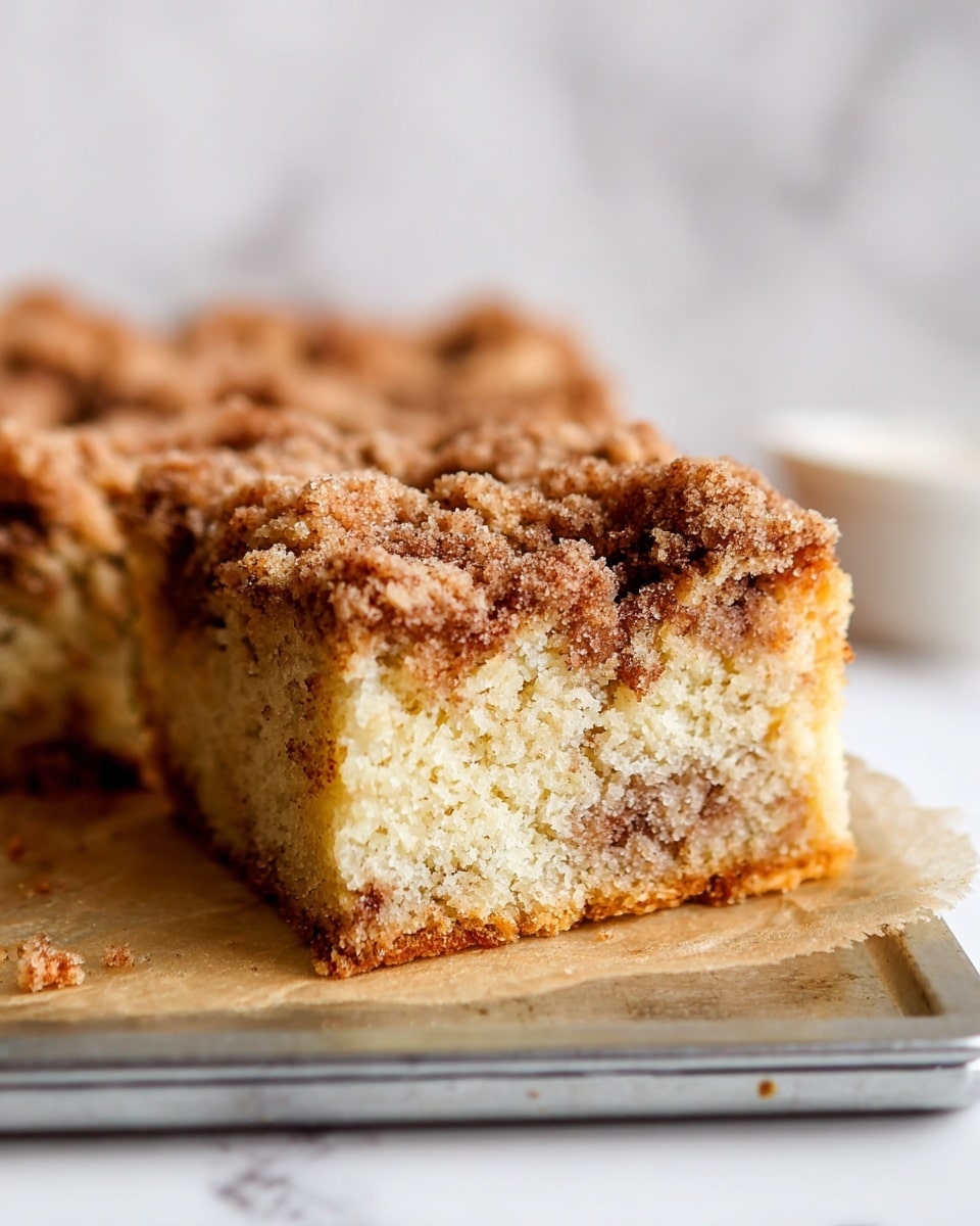 The image shows a tray of square crumb cake pieces, arranged in three rows and three columns on parchment paper. The crumb cake has two layers: a golden yellow cake base with a soft texture and a thick, rough, and dark brown crumb topping with a crunchy texture that is uneven on top. One piece near the front right corner is slightly pulled out, showing the inside crumb and a darker swirl pattern inside the yellow cake layer. The tray rests on a white marbled surface, with a fork and some crumbs near the bottom right corner. The overall color contrast between the golden cake and the darker crumb topping is clear. Photo taken with an iphone --ar 4:5 --v 7
