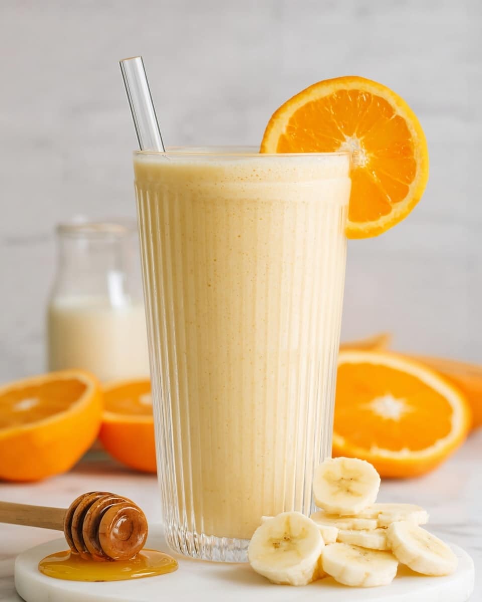 A tall, clear textured glass filled with a creamy light yellow smoothie, topped with fine bubbles. On the rim of the glass, there is a layer of a bright orange slice behind a light yellow banana slice. At the top right edge of the glass is a clear glass straw. The glass sits on a light coaster placed on a white marbled surface. Surrounding the glass are three round banana slices in the lower left corner, a drizzle of honey near a wooden honey dipper at the right bottom, and blurred orange slices in the background. Photo taken with an iphone --ar 4:5 --v 7