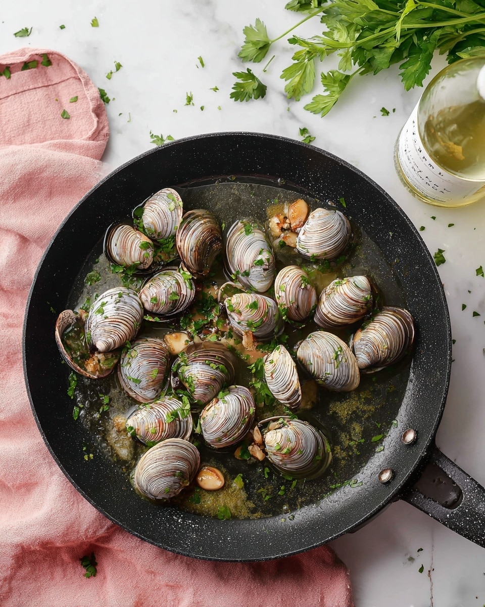 A black pan holds about twenty clams in various shades of beige and brown with swirling patterns, cooking in a shallow layer of butter with small golden-brown garlic slices scattered throughout. Fresh green chopped parsley is sprinkled over the clams and butter, adding a bright contrast. The pan rests on a soft pink cloth on a white marbled surface, with a sprig of parsley nearby and a bottle of white wine visible in the top right corner. photo taken with an iphone --ar 4:5 --v 7