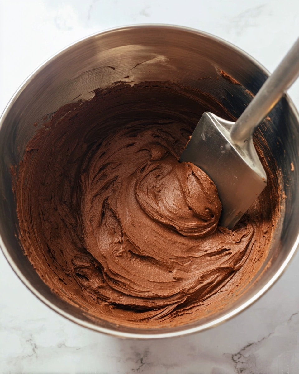 A close-up view inside a silver mixing bowl shows one thick layer of smooth, creamy chocolate batter with a rich, dark brown color. A metal spatula with some batter on it is resting on the side of the bowl. The bowl is on a surface with a white marbled texture. photo taken with an iphone --ar 4:5 --v 7