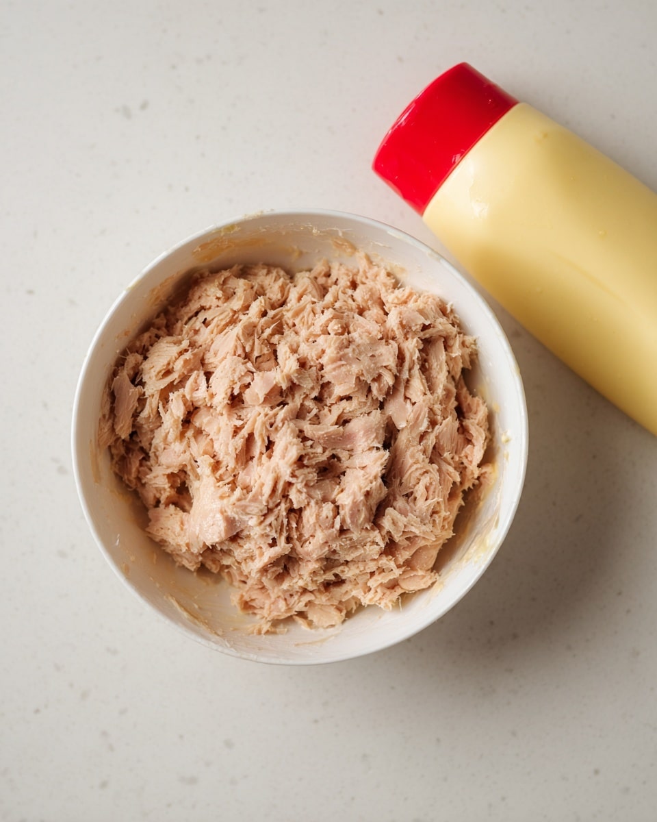 A close-up of a white bowl filled with a thick mix of shredded light brown tuna, with a soft and slightly chunky texture. The tuna is spread evenly inside the bowl, showing small bits of tuna packed together in a moist, creamy blend. Next to the bowl is a pale yellow squeeze bottle with a red cap, lying on a white marbled surface. The setting looks simple and clean, focusing on the tuna mixture and the bottle beside it. Photo taken with an iphone --ar 4:5 --v 7