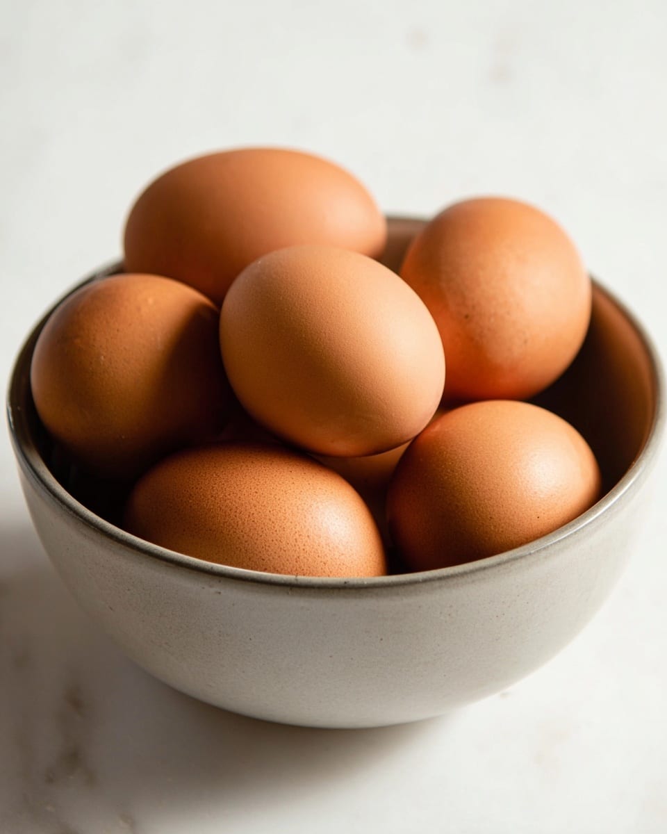 A light gray ceramic bowl filled with eight smooth, brown eggs stacked closely together showing their oval shapes and slightly shiny texture. The bowl sits on a clean white marbled surface with soft, natural lighting highlighting the warm tones of the eggshells and subtle surface details. photo taken with an iphone --ar 4:5 --v 7