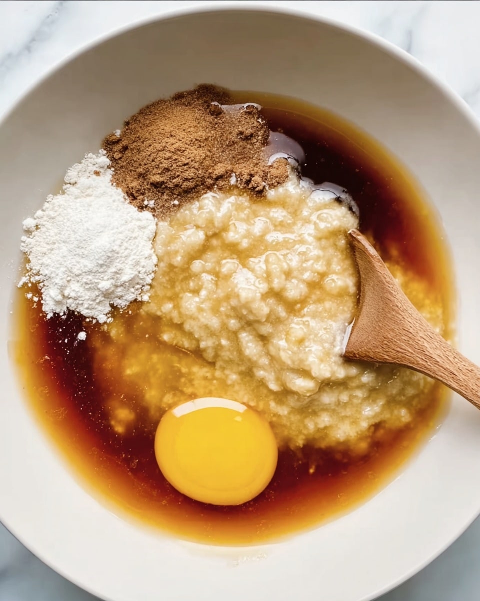 In a white bowl on a white marbled surface, there is a mixture of different ingredients layered together. The bottom layer is a thick, chunky light beige mash, surrounded by a dark amber liquid. On top of the mash and liquid, there is a bright yellow whole egg yolk near the edge of the bowl. Next to the yolk, on the left side, there are small piles of white powder and brown powder. A wooden spoon with a natural light brown color rests inside the bowl on the right side, partly covered by the liquid and mash. The colors create a warm, earthy look with smooth and textured parts. photo taken with an iphone --ar 4:5 --v 7