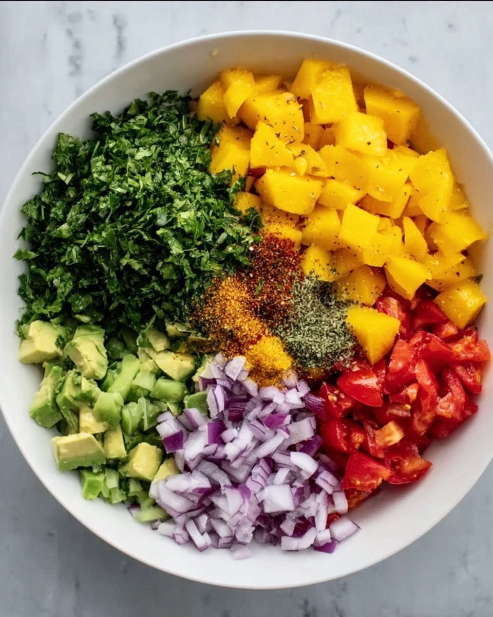 A white bowl on a white marbled surface is filled with six different ingredients arranged in separate sections. There is a large amount of finely chopped green herbs on the top left, bright yellow mango cubes to the right of the herbs, a small pile of mixed spices in the center on top of the mango, diced red tomatoes in the bottom right, finely chopped purple onions just to the left of the tomatoes, chopped green bell peppers next to the onions, and small avocado cubes on the bottom left. The ingredients create a colorful, fresh mix with green, yellow, red, and purple tones, all clearly visible and separated. Photo taken with an iphone --ar 4:5 --v 7