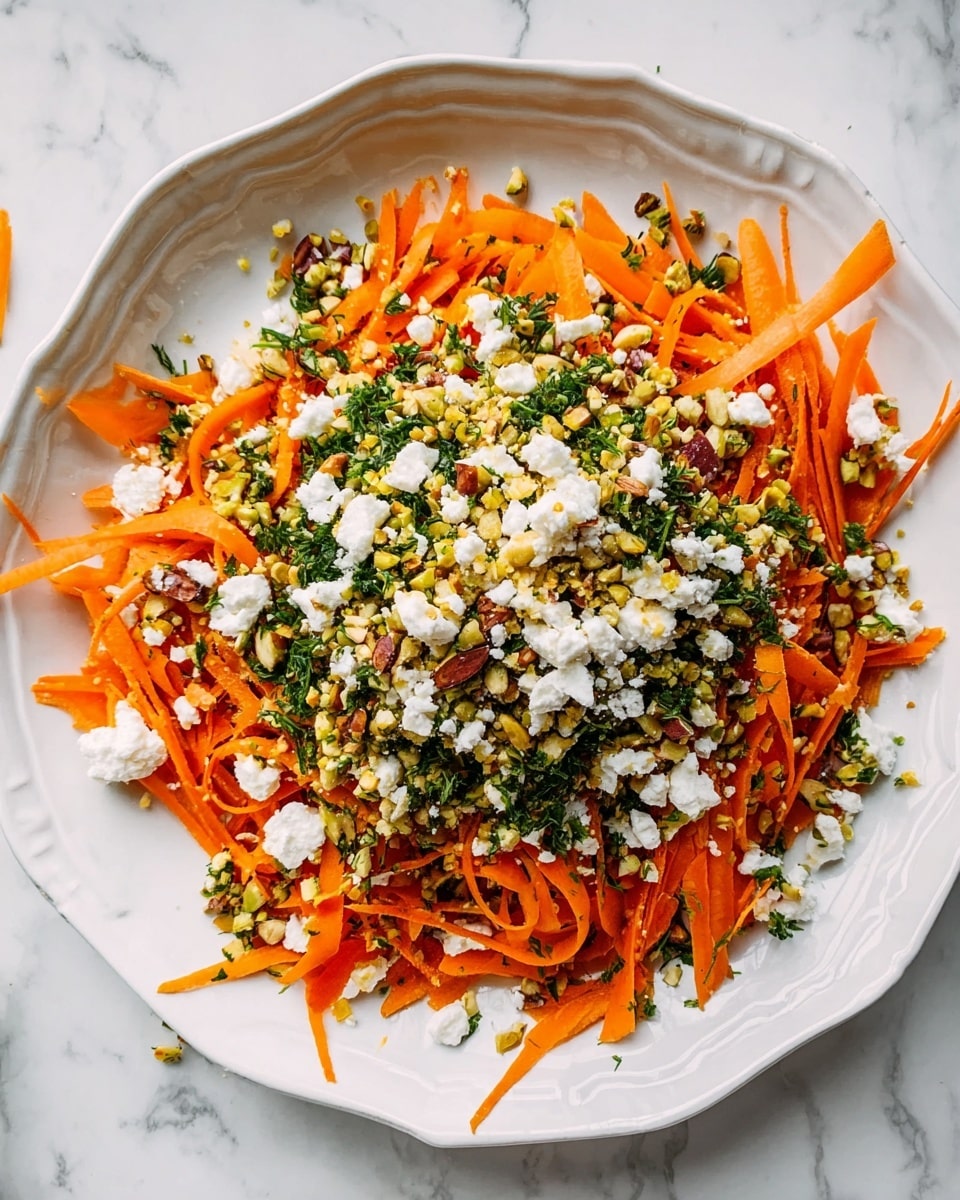 The dish is arranged on a white plate with a scalloped edge, sitting on a white marbled surface. The bottom layer is a pile of thin, orange carrot strips spread out evenly. On top of the carrots, there is a layer of finely chopped green herbs mixed with crushed nuts, giving a textured look with bits of green and brown. Scattered over everything are crumbled white cheese pieces, slightly irregular in size, adding a soft contrast to the vibrant layers below. The whole plate looks fresh and colorful, with the different textures standing out clearly. Photo taken with an iphone --ar 4:5 --v 7