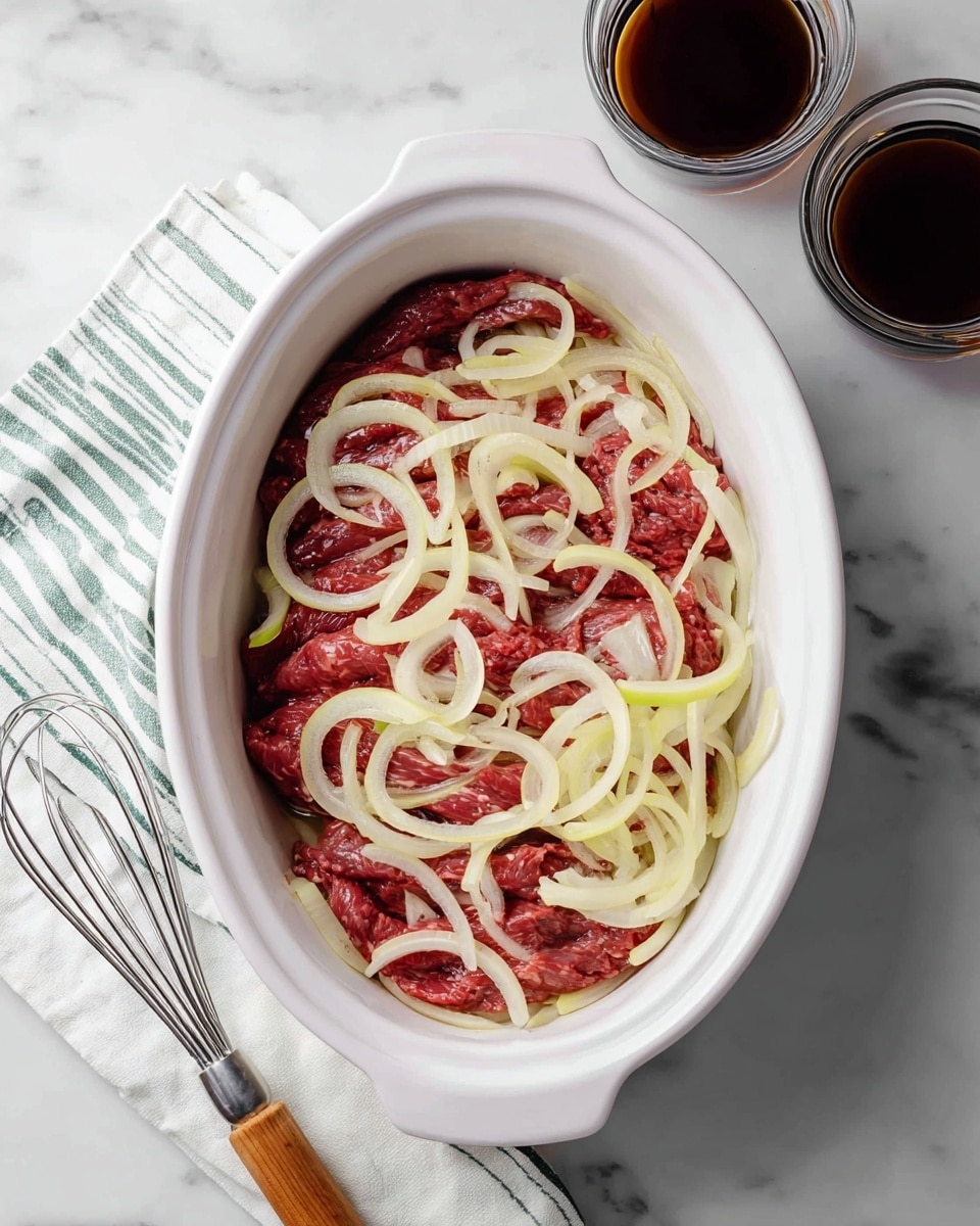 An oval white dish holds a layer of raw red meat strips at the bottom, covered by a scattered layer of thin, curved, pale yellow onion slices with a crisp texture, placed unevenly on top. The dish sits on a white marbled surface next to a metal whisk with a wooden handle and a white and green striped cloth. Nearby are two glass containers filled with dark brown and black liquids. photo taken with an iphone --ar 4:5 --v 7