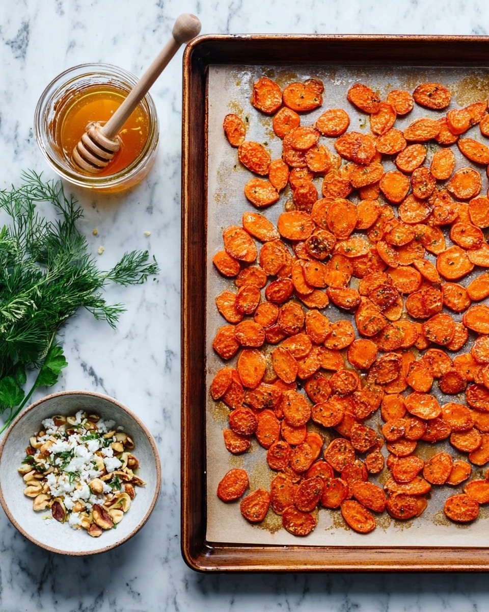 The image shows a baking tray with a layer of roasted carrot slices, spread evenly and roasted to a bright orange color with some darker spots from roasting. The tray is lined with parchment paper and sits on a white marbled surface. On the left side, there is a small glass jar filled with a honey-based sauce with a wooden dipper inside, and a white bowl containing a mixture of nuts, herbs, and white cheese crumbles. Fresh green herbs rest near the jar and bowl, adding a touch of green contrast to the scene. photo taken with an iphone --ar 4:5 --v 7