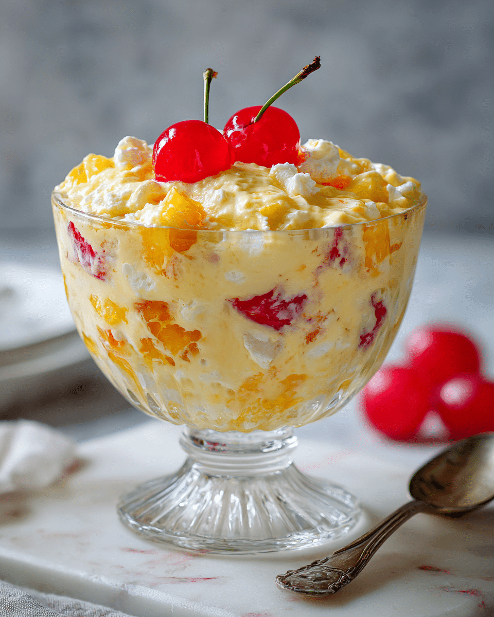 The image shows a glass dessert dish filled with a creamy fruit salad. The salad has three main layers: a base with small white chunks, a middle layer with yellow and orange pieces mixed in a thick creamy texture, and a top layer of the same creamy mixture with two red fruit slices as garnish. The dish sits on a white marbled surface with a whole red fruit next to it. The background is blurred and greyish. A silver spoon peeks out from the right side of the dish. Photo taken with an iphone --ar 4:5 --v 7