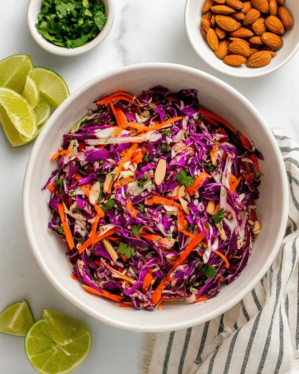 A white bowl filled with a fresh slaw made of shredded purple cabbage, thin orange carrot strips, and small green herb leaves mixed together. The slaw looks bright and colorful with a mix of textures from the vegetables. Around the bowl, there are lime halves, a small white bowl of whole almonds, another white bowl with fresh green herbs, and a striped cloth on a white marbled surface. photo taken with an iphone --ar 4:5 --v 7