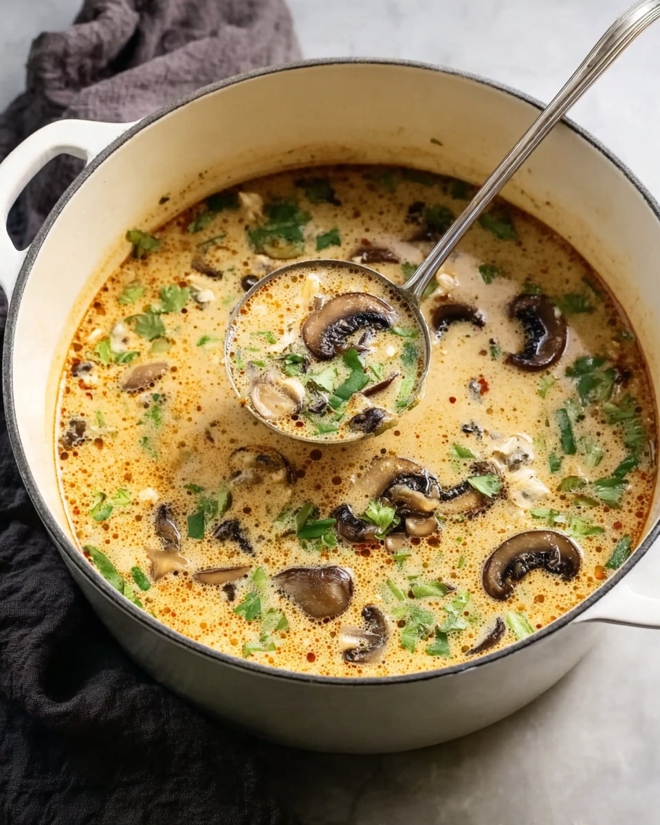 A white pot filled with creamy soup that has a light orange tint, dotted with dark brown sliced mushrooms and small pieces of white tofu or similar ingredient. Green chopped herbs float on top, adding color contrast. There is a silver ladle lifting some soup out, showing the creamy texture mixed with mushrooms and herbs. The pot is sitting on a white marbled surface next to a folded dark cloth. Photo taken with an iphone --ar 4:5 --v 7