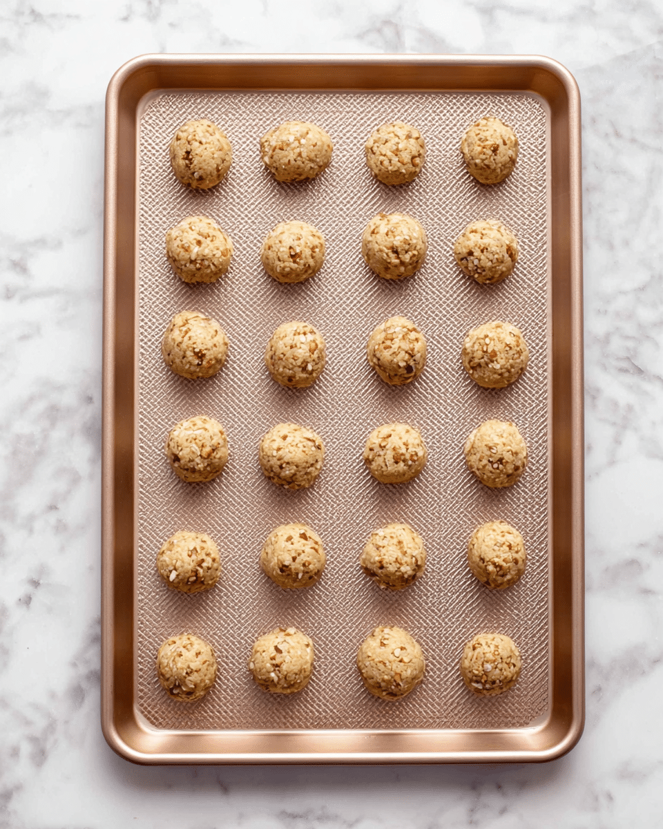 The image shows a baking tray with 27 small round dough balls evenly spaced across the surface. Each dough ball has a light tan color with visible small pieces of nuts or seeds mixed throughout, giving them a slightly rough texture. The baking tray is a metallic rose gold color with a textured bottom, placed on a white marbled surface. The dough balls are arranged in no particular pattern but cover most of the tray's space. photo taken with an iphone --ar 4:5 --v 7