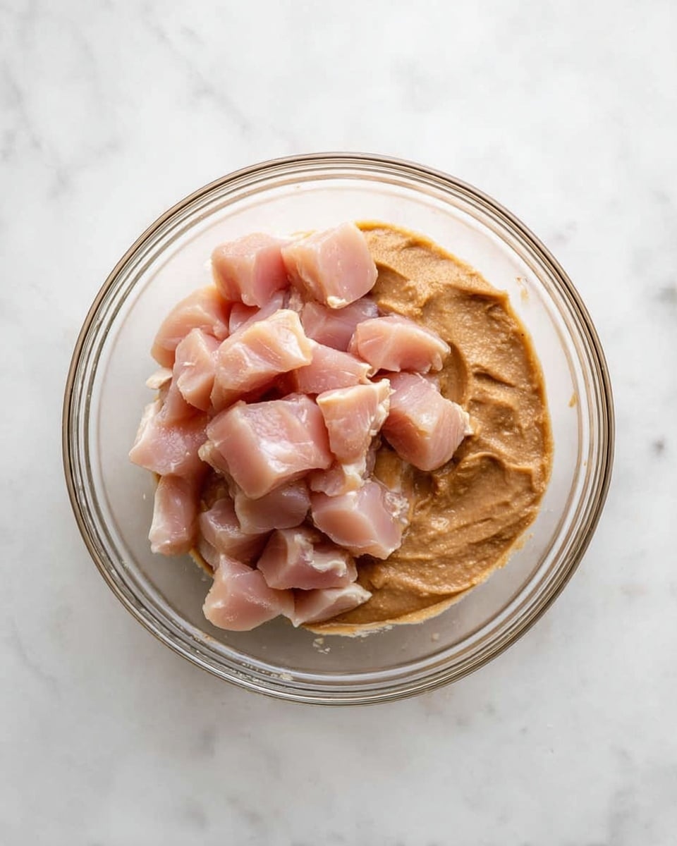 A clear glass bowl sits on a white marbled surface, filled with two layers: on the right side, there is a thick, smooth light brown sauce with a slightly grainy texture, and on top of it, on the left side, there are many pieces of light pink raw chicken cubes placed loosely. The chicken pieces have a soft, smooth texture and contrast with the creamy sauce beneath them. Photo taken with an iphone --ar 4:5 --v 7