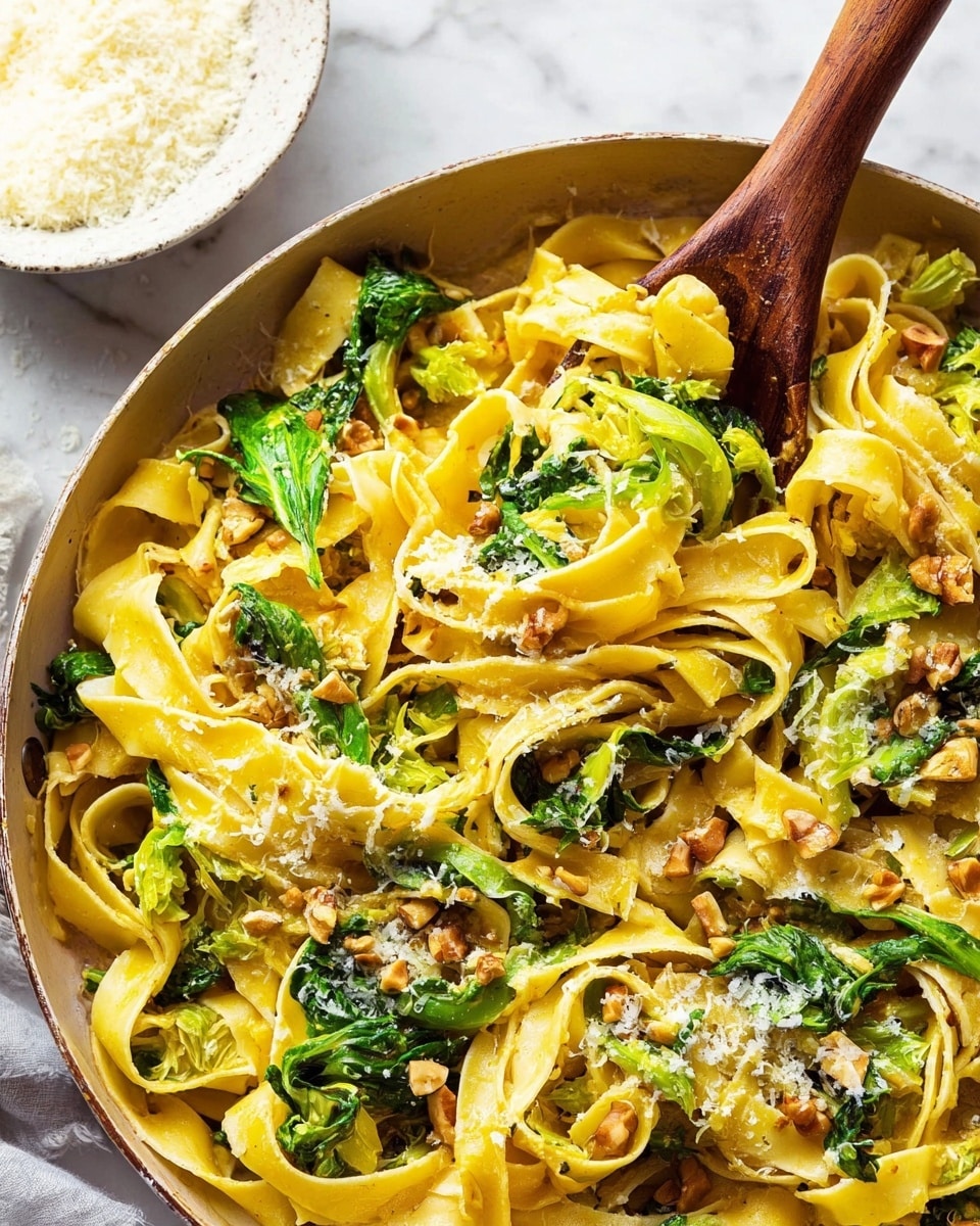A close-up view of a large pan filled with wide, flat yellow pasta ribbons, mixed with bright green leafy vegetables and small pieces of chopped nuts scattered throughout. The pasta has a slightly glossy texture from sauce and is sprinkled with a light dusting of finely grated cheese. A wooden spoon is lifting some of the pasta, showing the different ingredients mixed together. In the background, there is a small white bowl with more grated cheese on a white marbled surface. Photo taken with an iphone --ar 4:5 --v 7