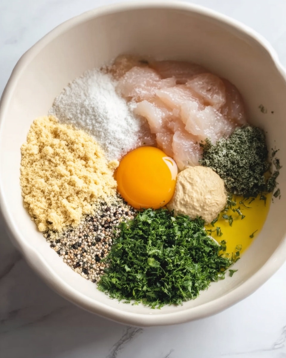 A white bowl holds seven distinct layers of ingredients arranged separately but close together. On the left side, there is a light beige powder with a soft, crumbly texture next to a small pile of white granulated salt. Above the powder is a smooth, pale pink layer that looks like raw fish fillets with a few soft curves. In the center near the top, a bright orange egg yolk sits surrounded by a dollop of beige paste. To the right, bright green chopped herbs fill a section with fine, leafy texture. Below the herbs, a mixture of black and white grains resembles ground pepper, and behind the egg yolk is a yellow, slightly bubbly liquid. The entire scene is set against a white marbled surface. photo taken with an iphone --ar 4:5 --v 7