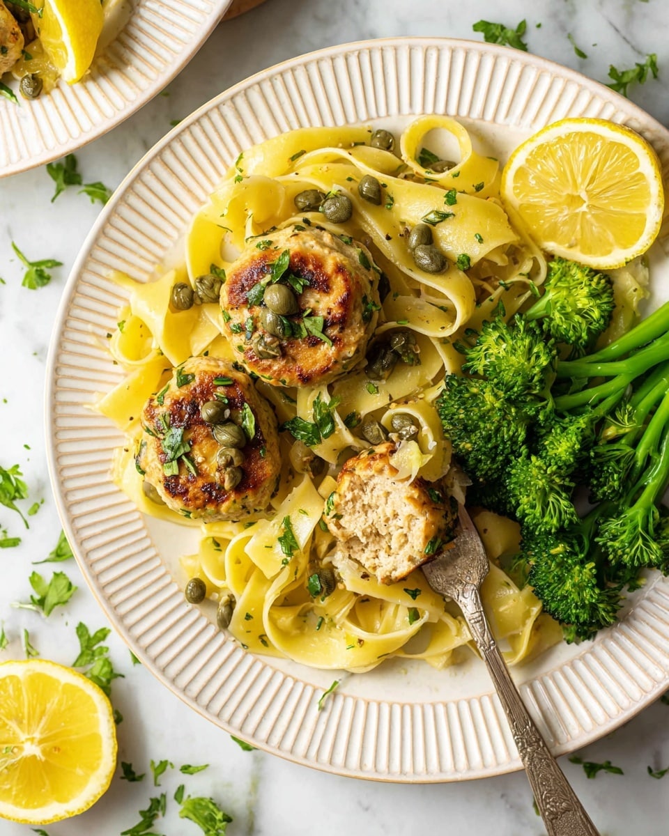 The image shows a black cast iron pan filled with about fourteen golden brown meatballs arranged in the sauce, each lightly crisped on top with a slightly uneven, browned texture. The pan contains a thick, light brown sauce with visible capers and small bits of herbs, partially covering the meatballs. On the left side of the pan, three lemon slices rest on the surface, and small green herb sprinkles are scattered over the meatballs and sauce. A wooden spoon is partially submerged in the sauce on the bottom right side of the pan. The pan is placed on a white marbled surface with a small white bowl filled with chopped green herbs nearby and a few lemon slices scattered around. photo taken with an iphone --ar 4:5 --v 7