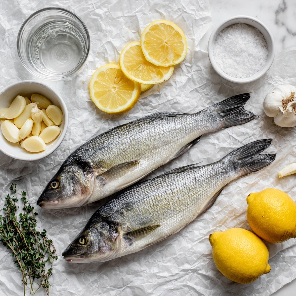 Two whole sea bass with shiny silvery scales lie side by side on crinkled white parchment paper in the top right area of the image on a white marbled surface. Below and to the left of the fish, small white bowls hold thin, round bright yellow fresh lemon slices and thick white kosher salt. Above these bowls, a small white bowl contains peeled garlic cloves, and next to it is a bowl filled with pale yellow egg whites. Sprigs of fresh green oregano rest next to the lemon slices in the bottom left corner. A clear glass filled halfway with water stands in the top left corner. photo taken with an iphone --ar 4:5 --v 7